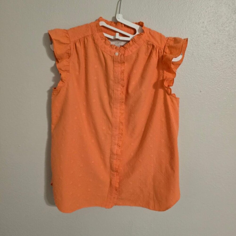 Loft Orange Floral Embroidery Motif Crew Neck Butterfly Sleeve P-XS Button-down